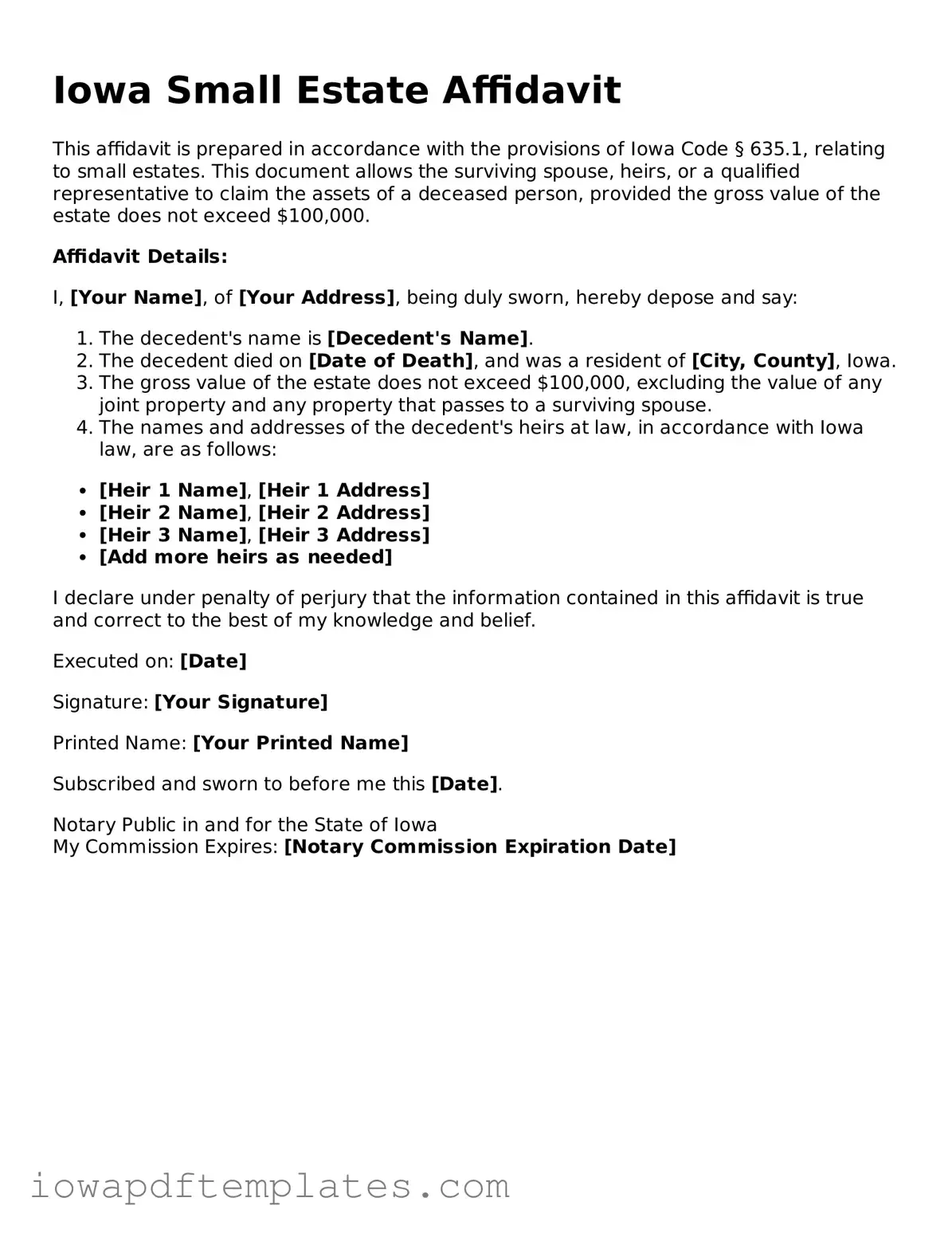 Printable Small Estate Affidavit Document for Iowa State