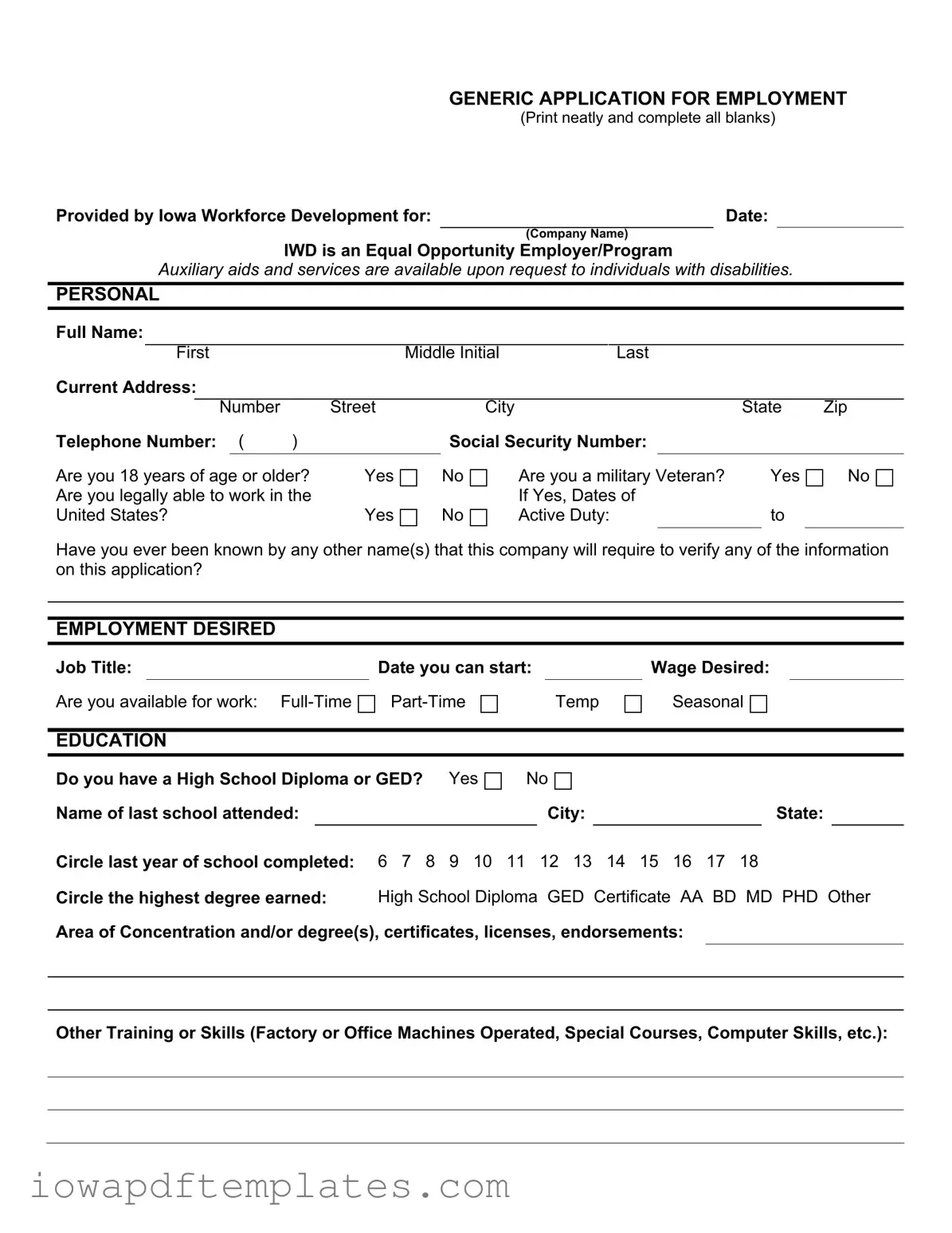 Free Iowa Application Employment Template