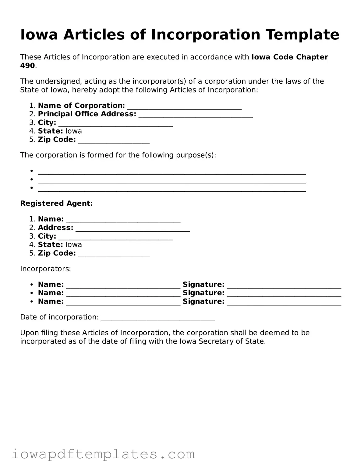 Printable Articles of Incorporation Document for Iowa State