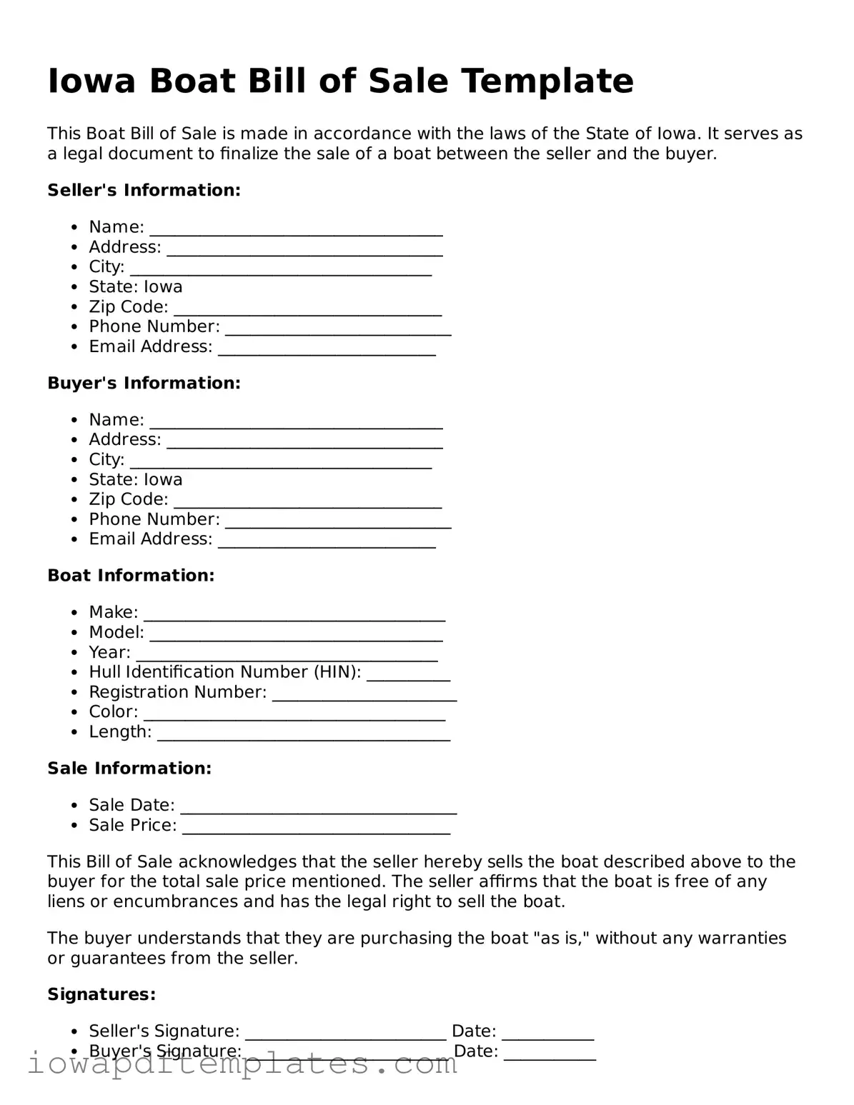 Printable Boat Bill of Sale Document for Iowa State