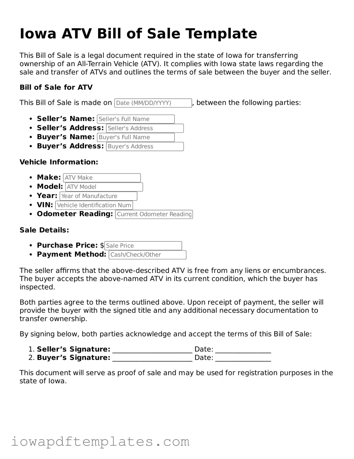 Printable ATV Bill of Sale Document for Iowa State