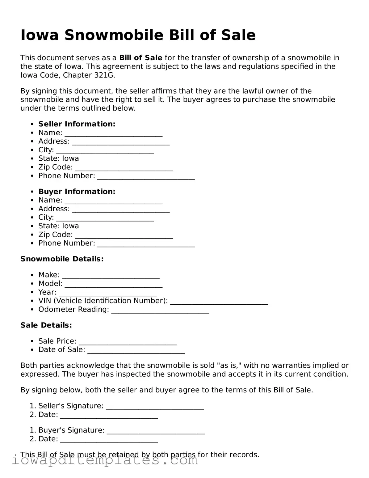 Printable Snowmobile Bill of Sale Document for Iowa State