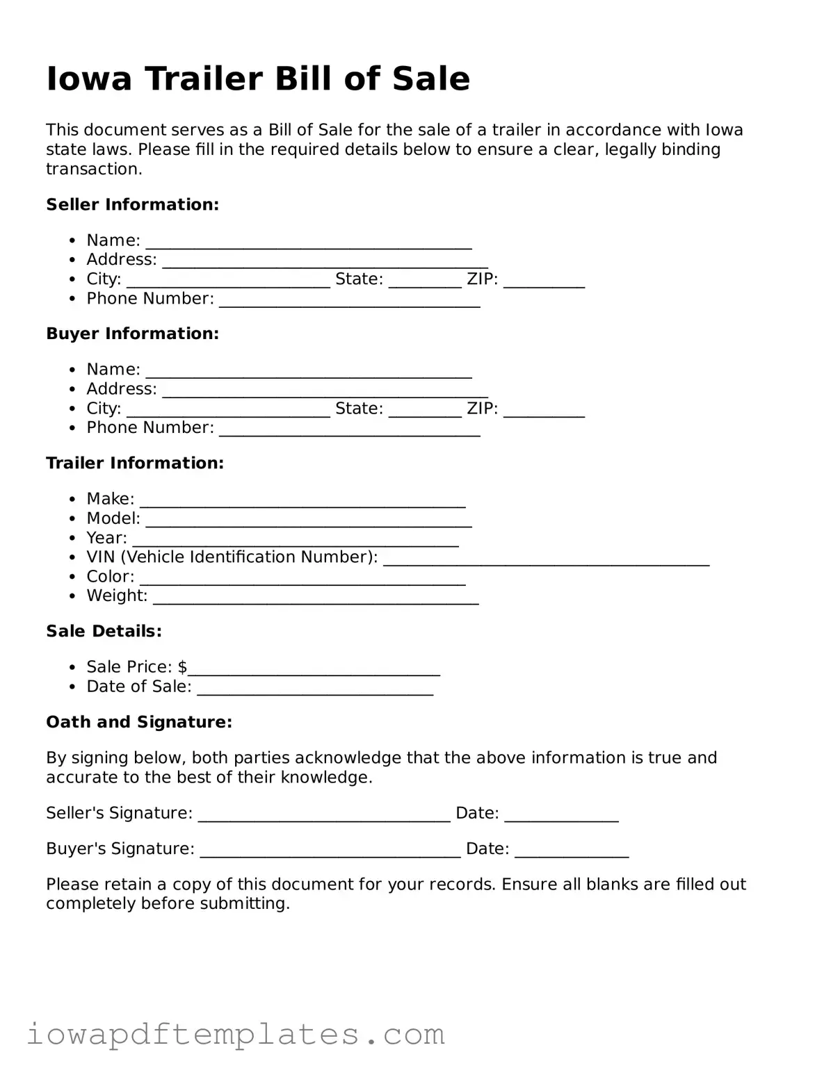 Printable Trailer Bill of Sale Document for Iowa State
