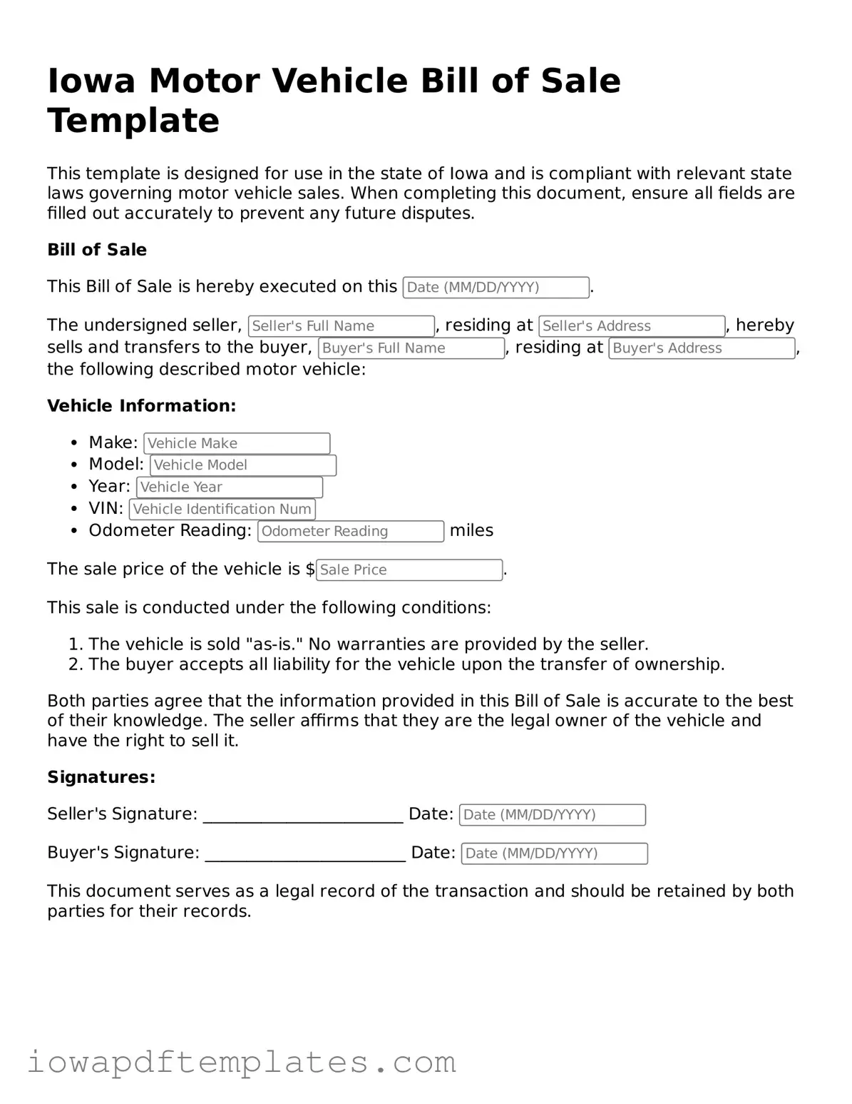 Printable Motor Vehicle Bill of Sale Document for Iowa State
