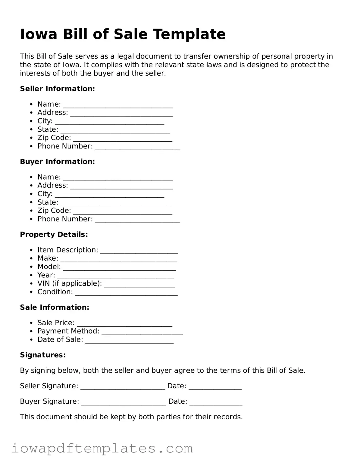Printable Bill of Sale Document for Iowa State