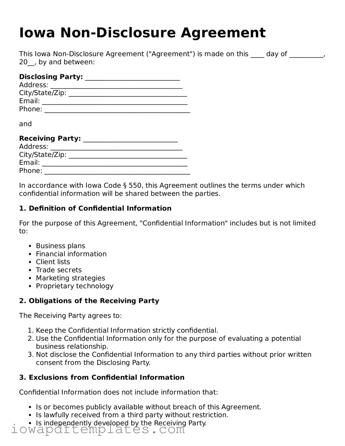 Printable Non-disclosure Agreement Document for Iowa State