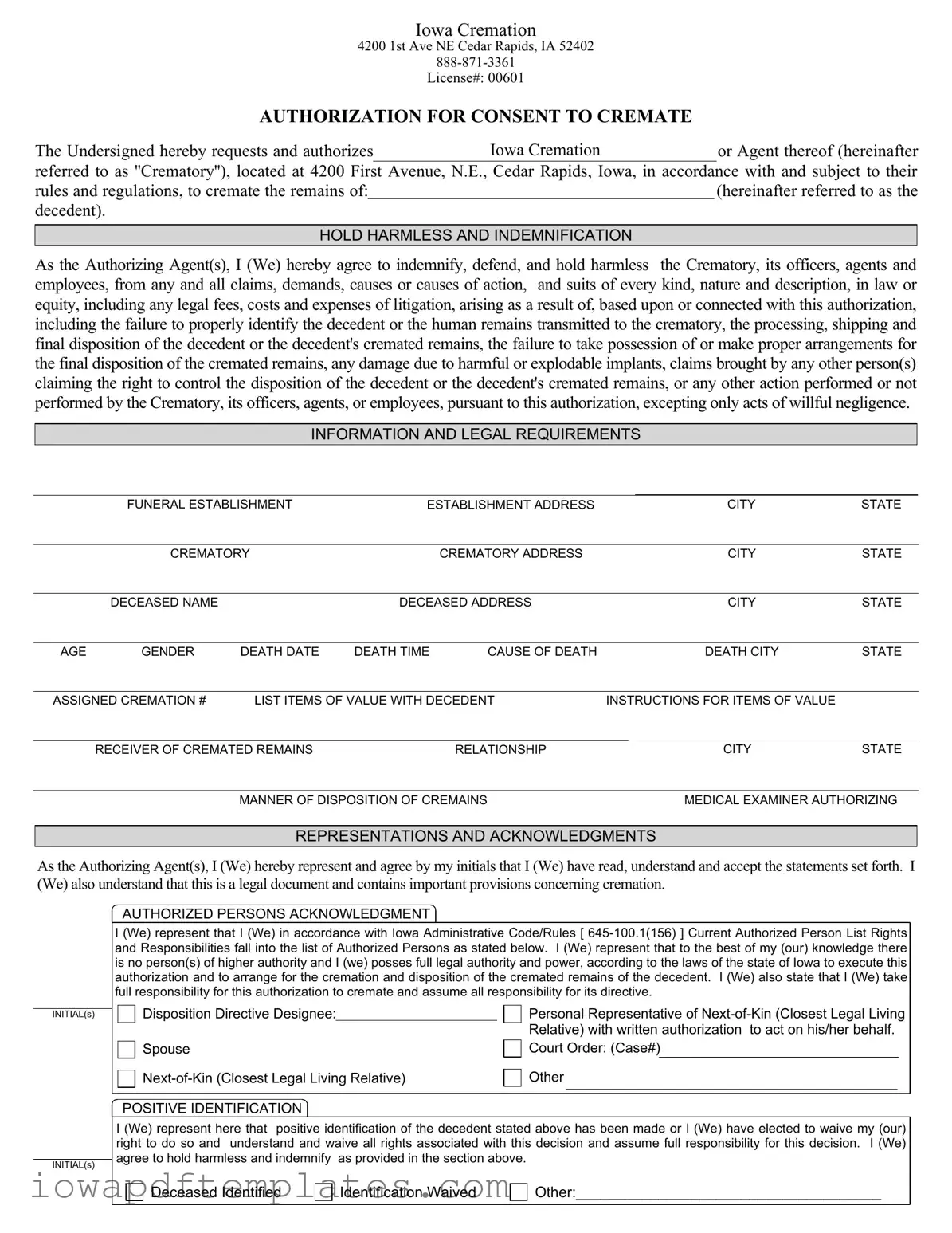 Free Iowa Cremation Authorization Template