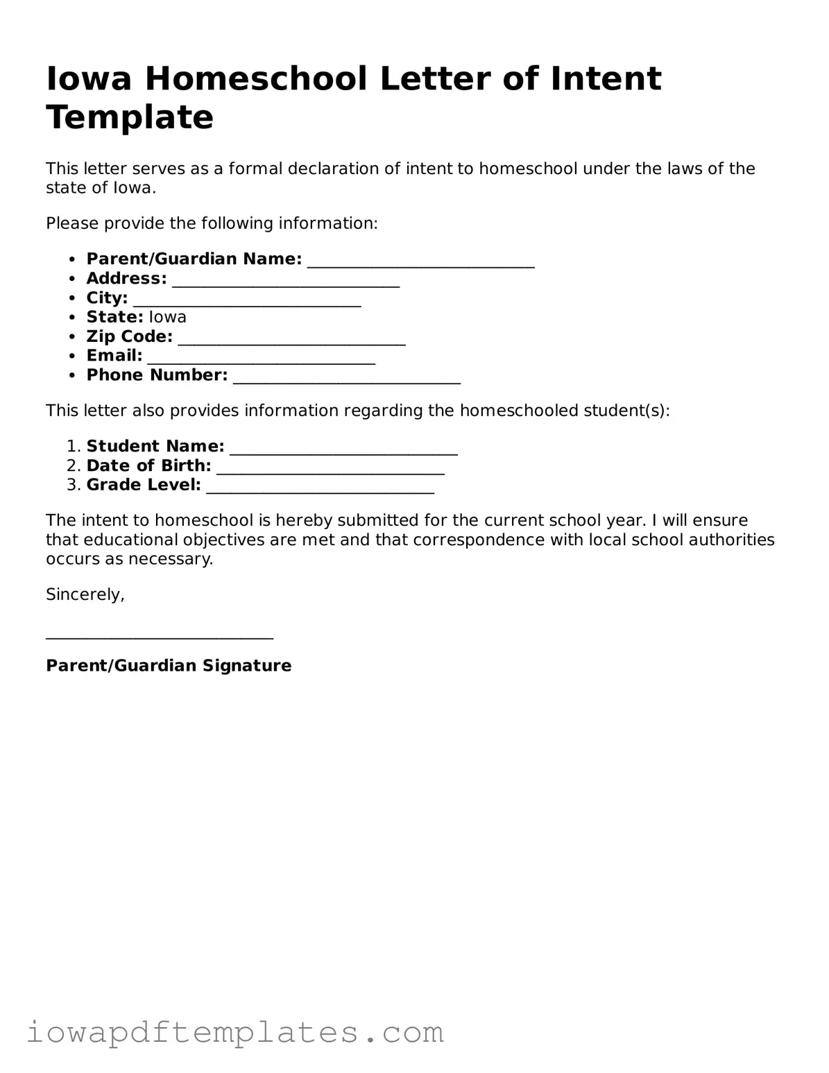 Printable Homeschool Letter of Intent Document for Iowa State