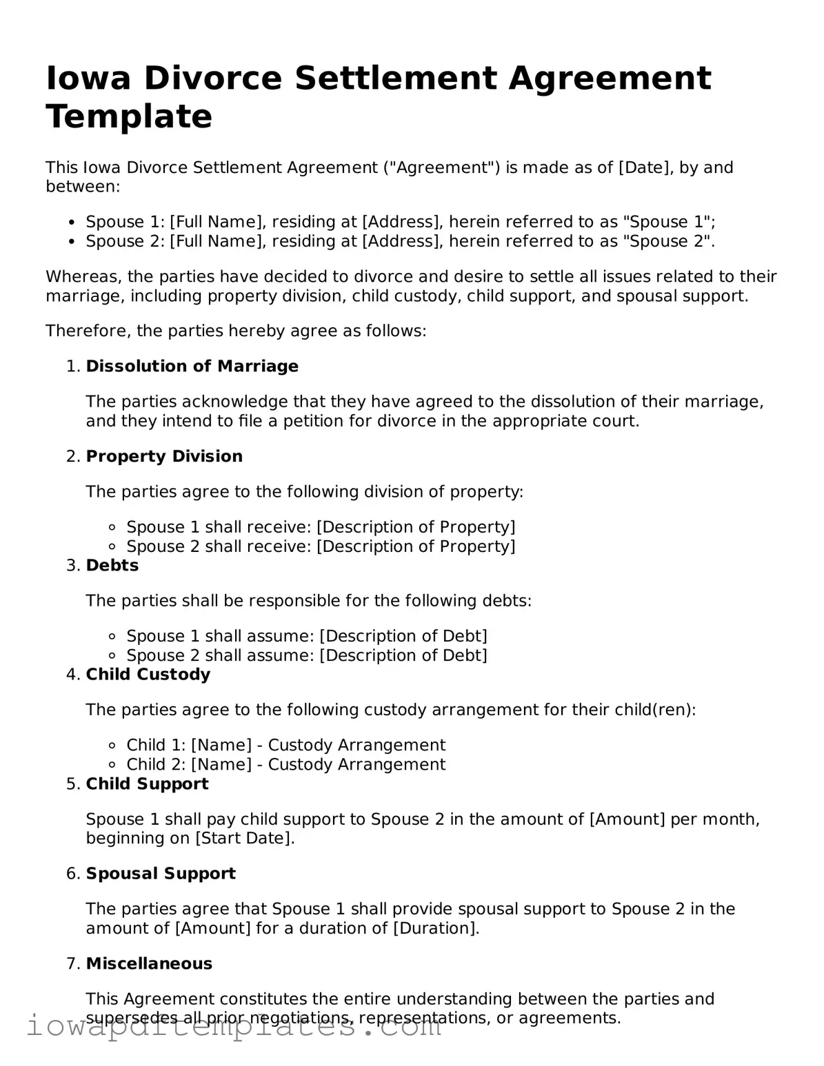 Printable Divorce Settlement Agreement Document for Iowa State