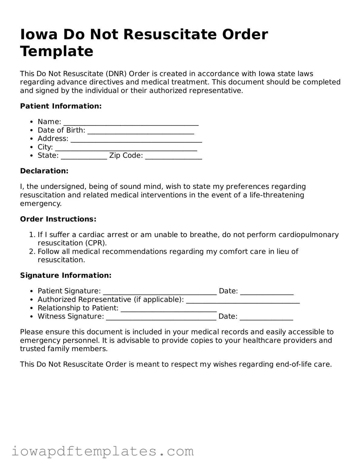 Printable Do Not Resuscitate Order Document for Iowa State