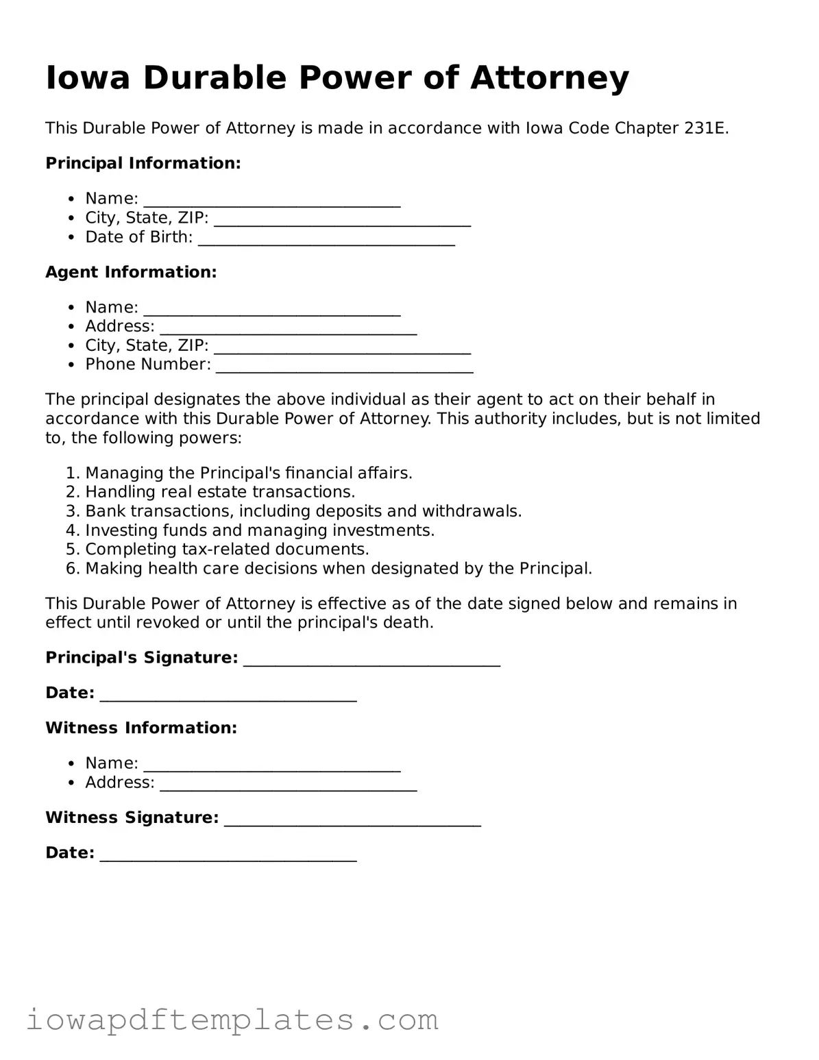 Printable Durable Power of Attorney Document for Iowa State