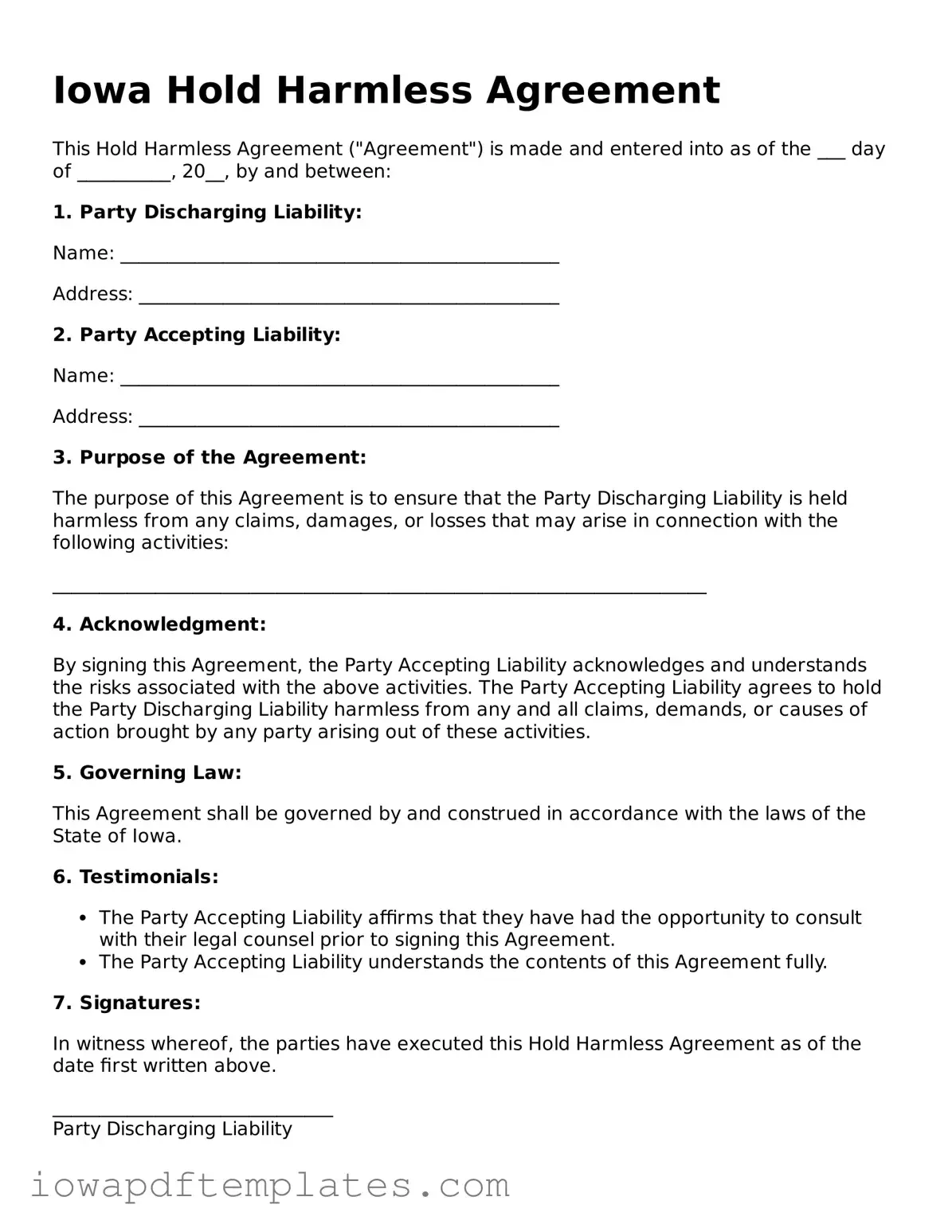 Printable Hold Harmless Agreement Document for Iowa State