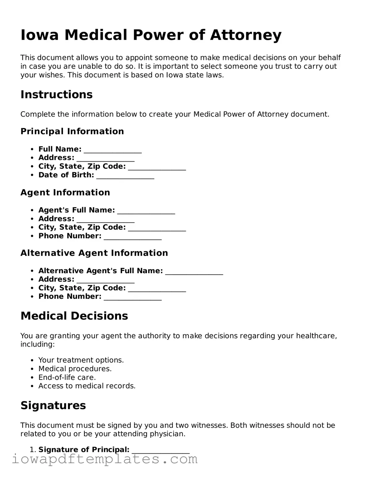 Printable Medical Power of Attorney Document for Iowa State