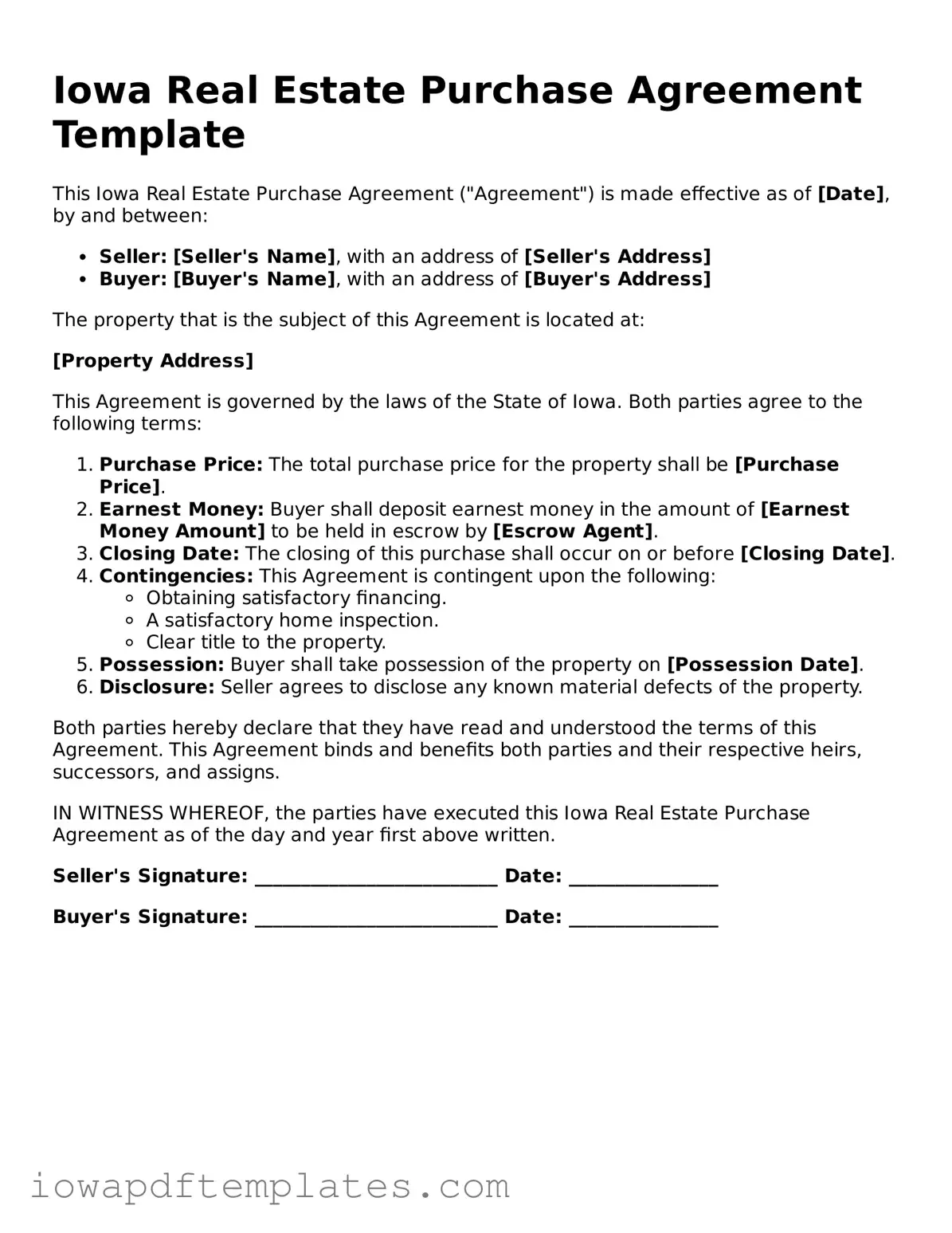 Printable Real Estate Purchase Agreement Document for Iowa State