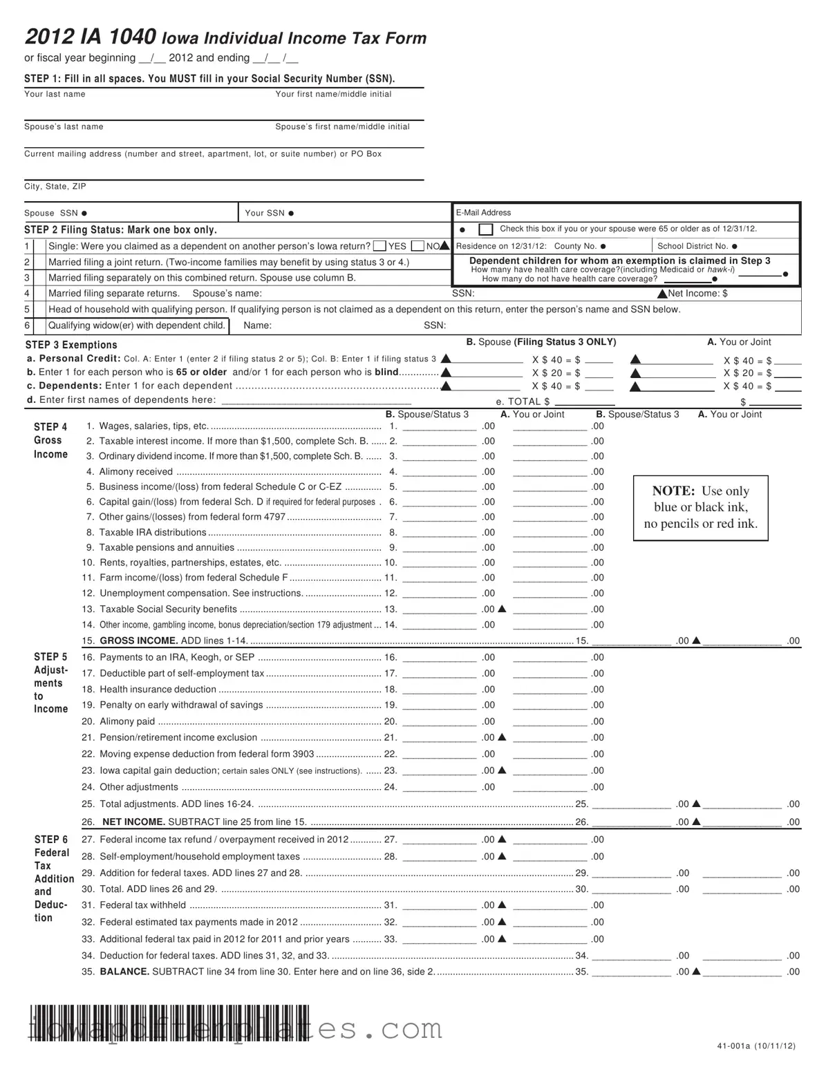 Free Iowa Ia 1040 Template