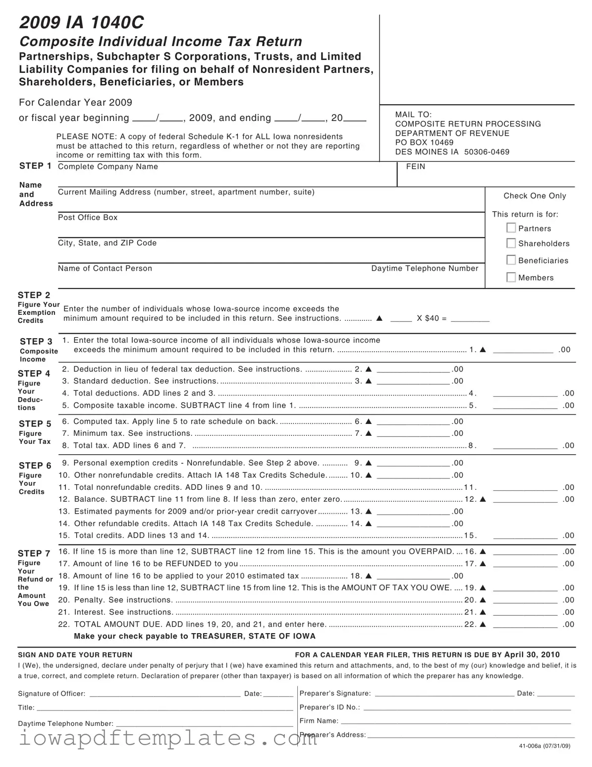 Free Iowa Ia 1040C Template