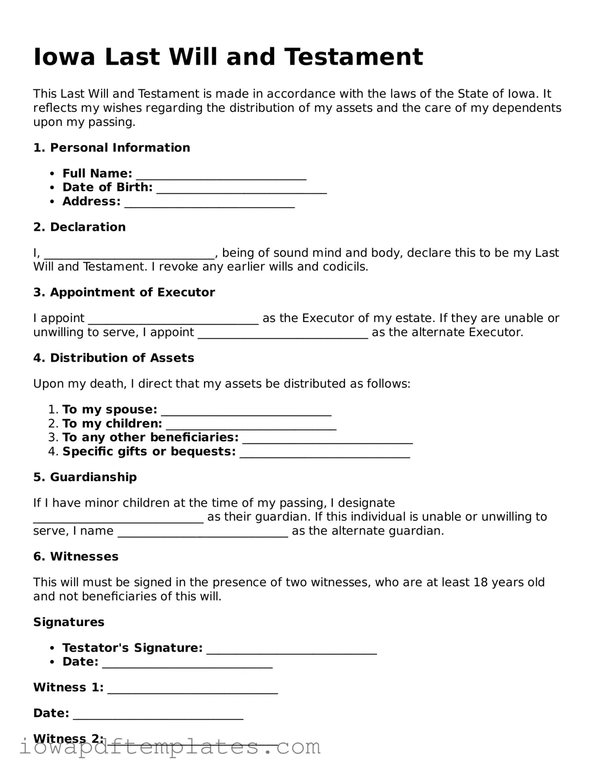 Printable Last Will and Testament Document for Iowa State