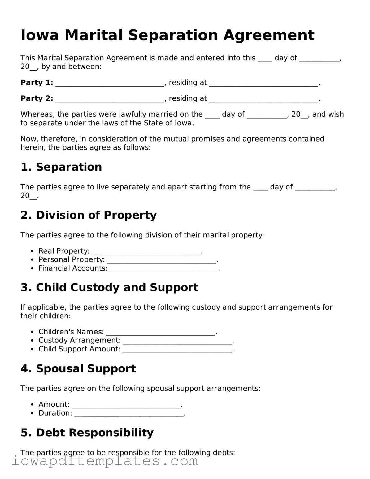 Printable Marital Separation Agreement Document for Iowa State