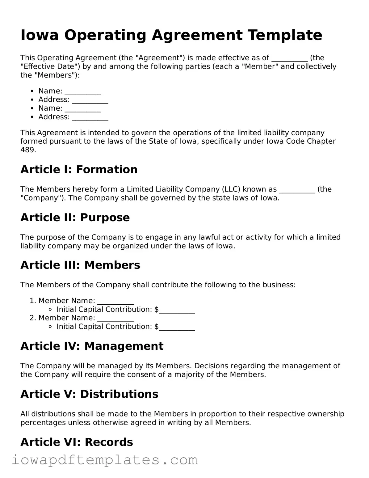 Printable Operating Agreement Document for Iowa State