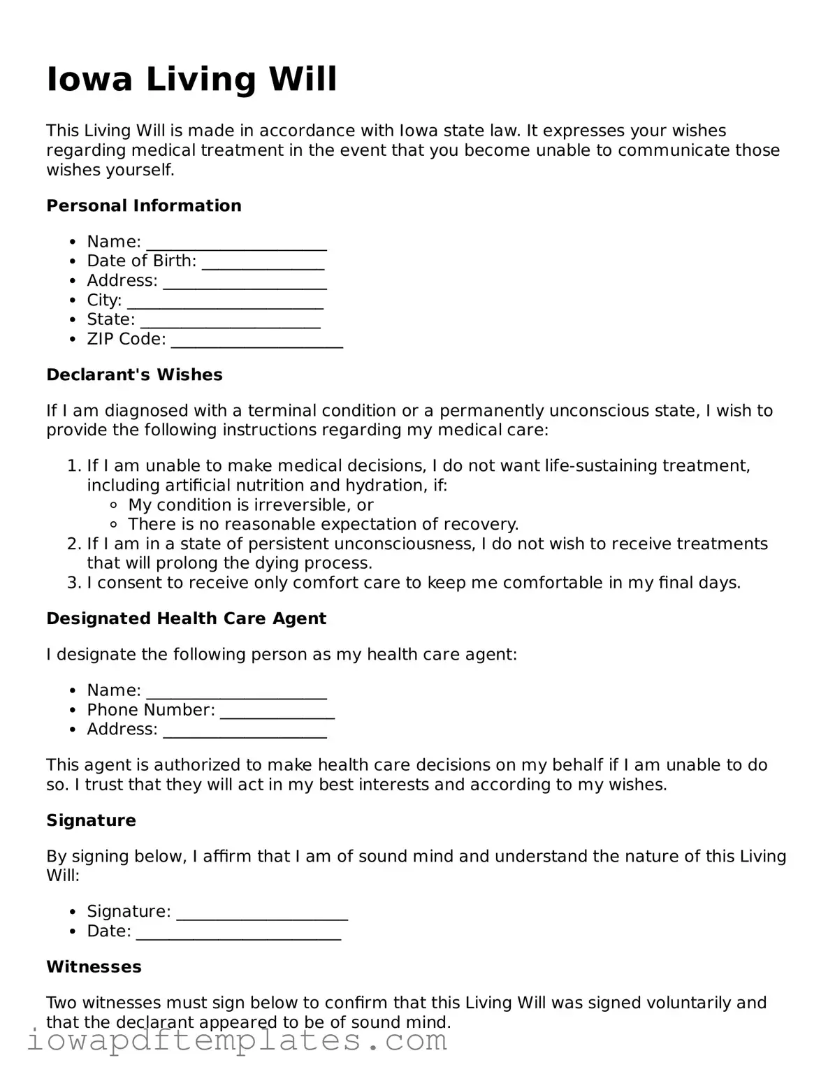 Printable Living Will Document for Iowa State