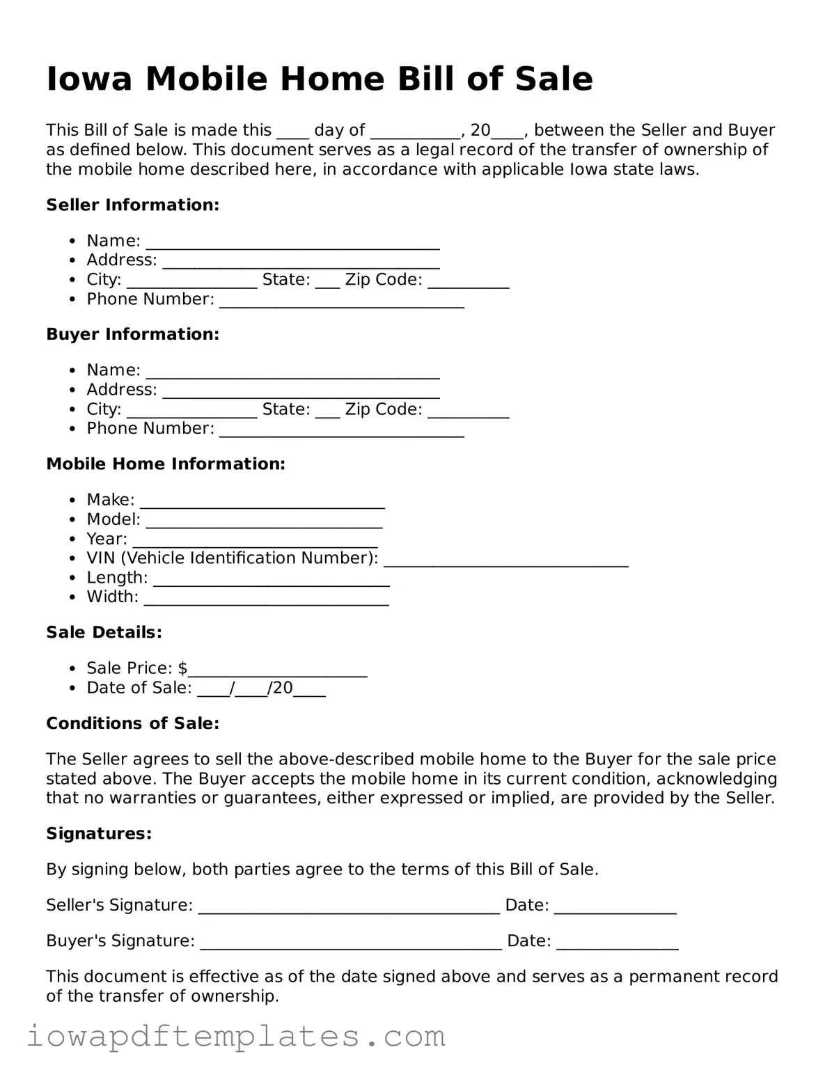 Printable Mobile Home Bill of Sale Document for Iowa State