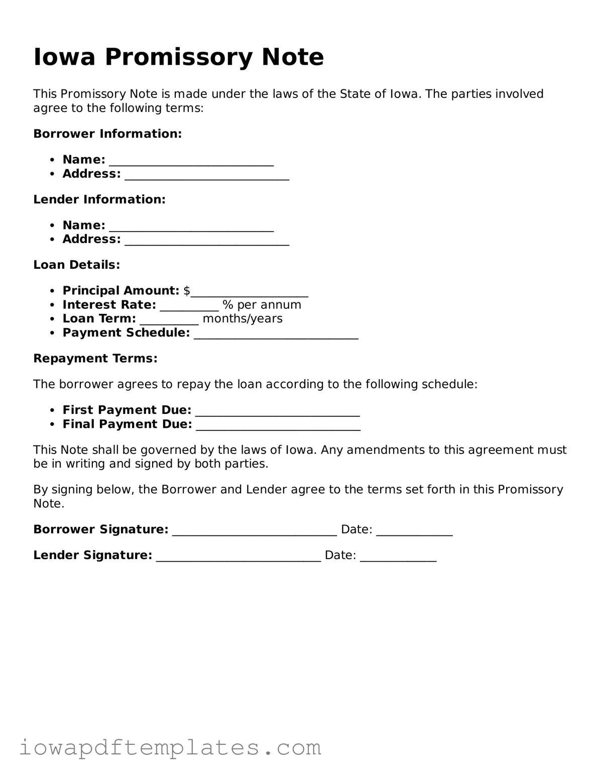 Printable Promissory Note Document for Iowa State
