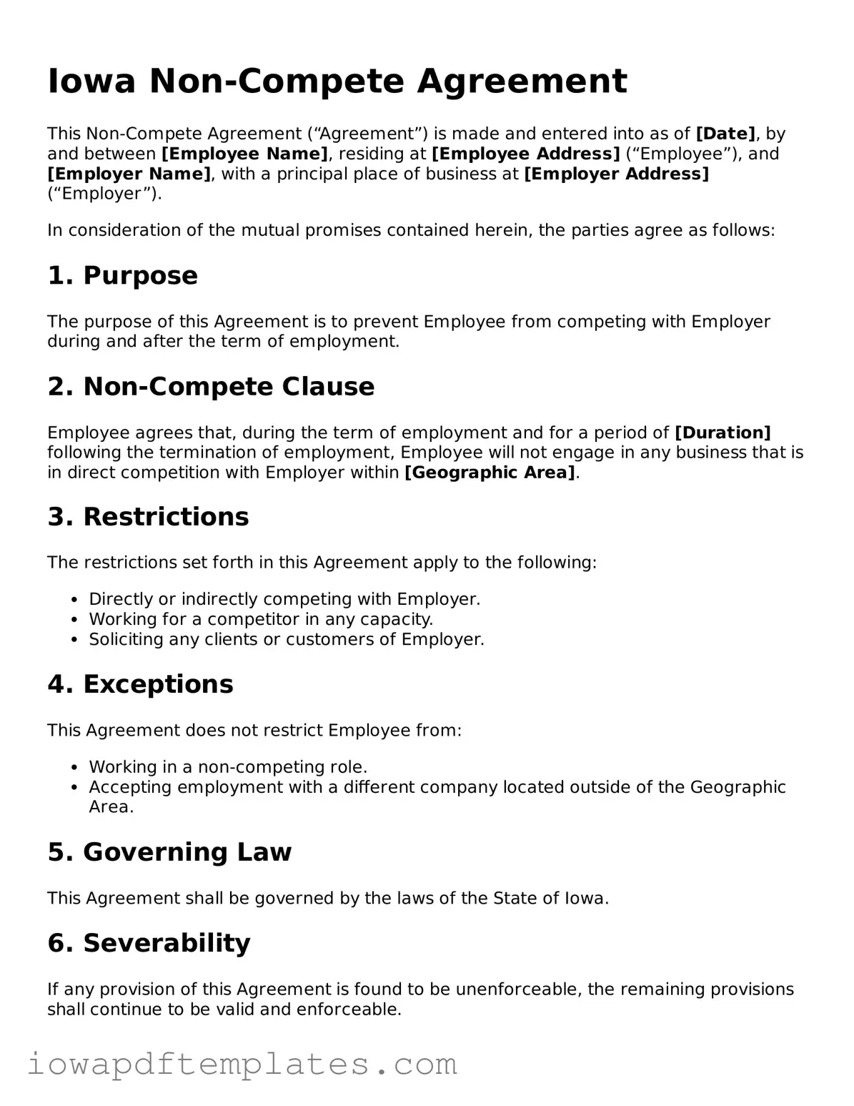 Printable Non-compete Agreement Document for Iowa State