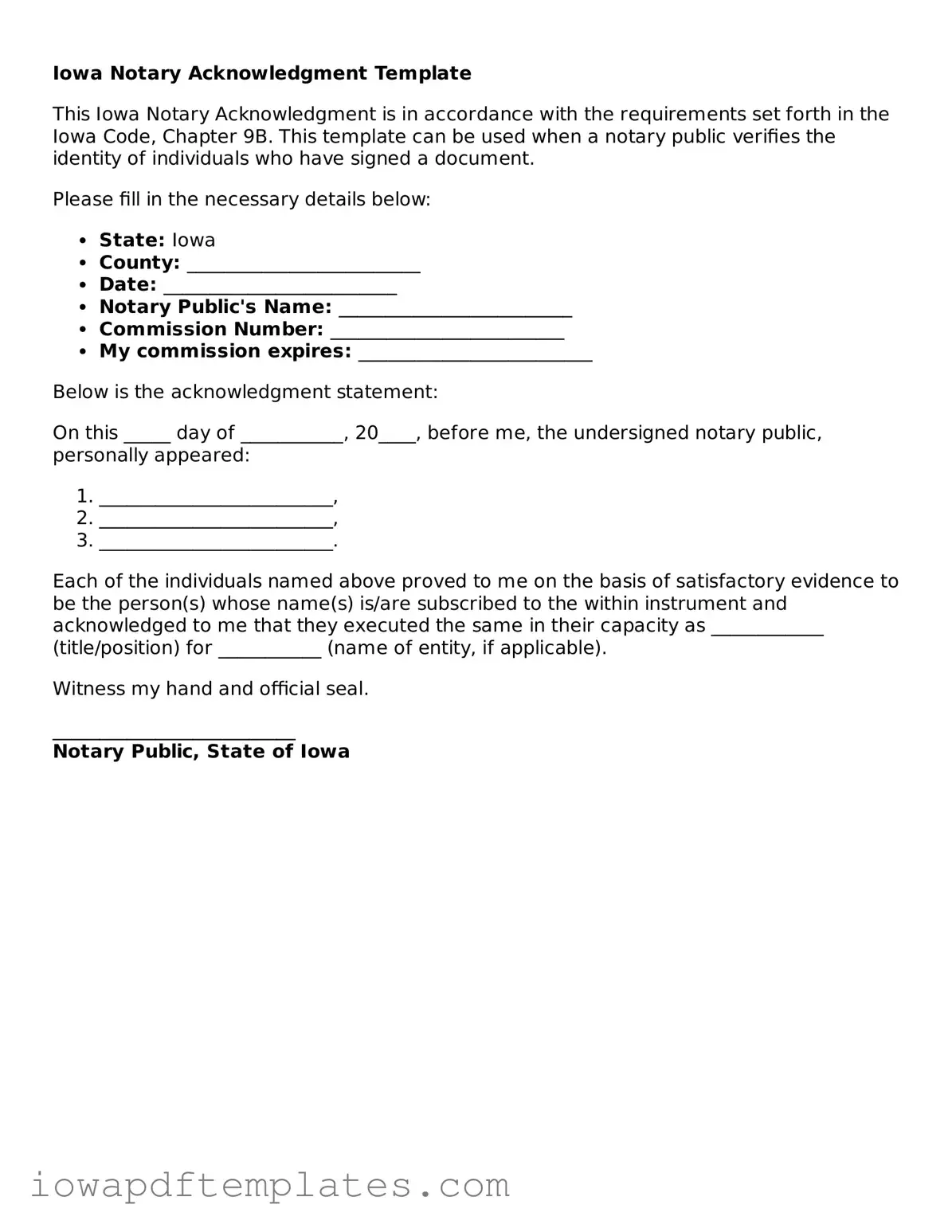 Printable Notary Acknowledgement Document for Iowa State
