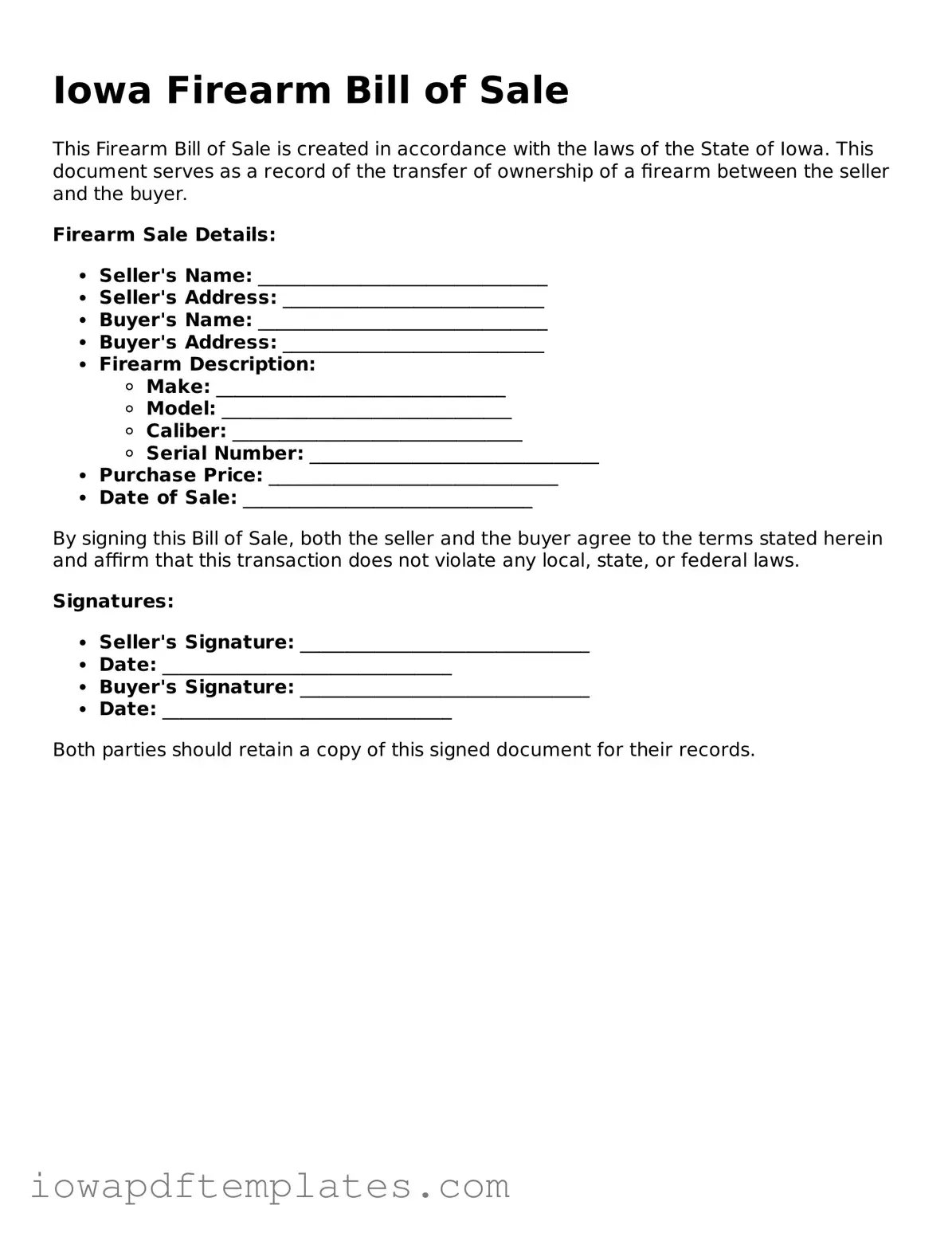Printable Firearm Bill of Sale Document for Iowa State
