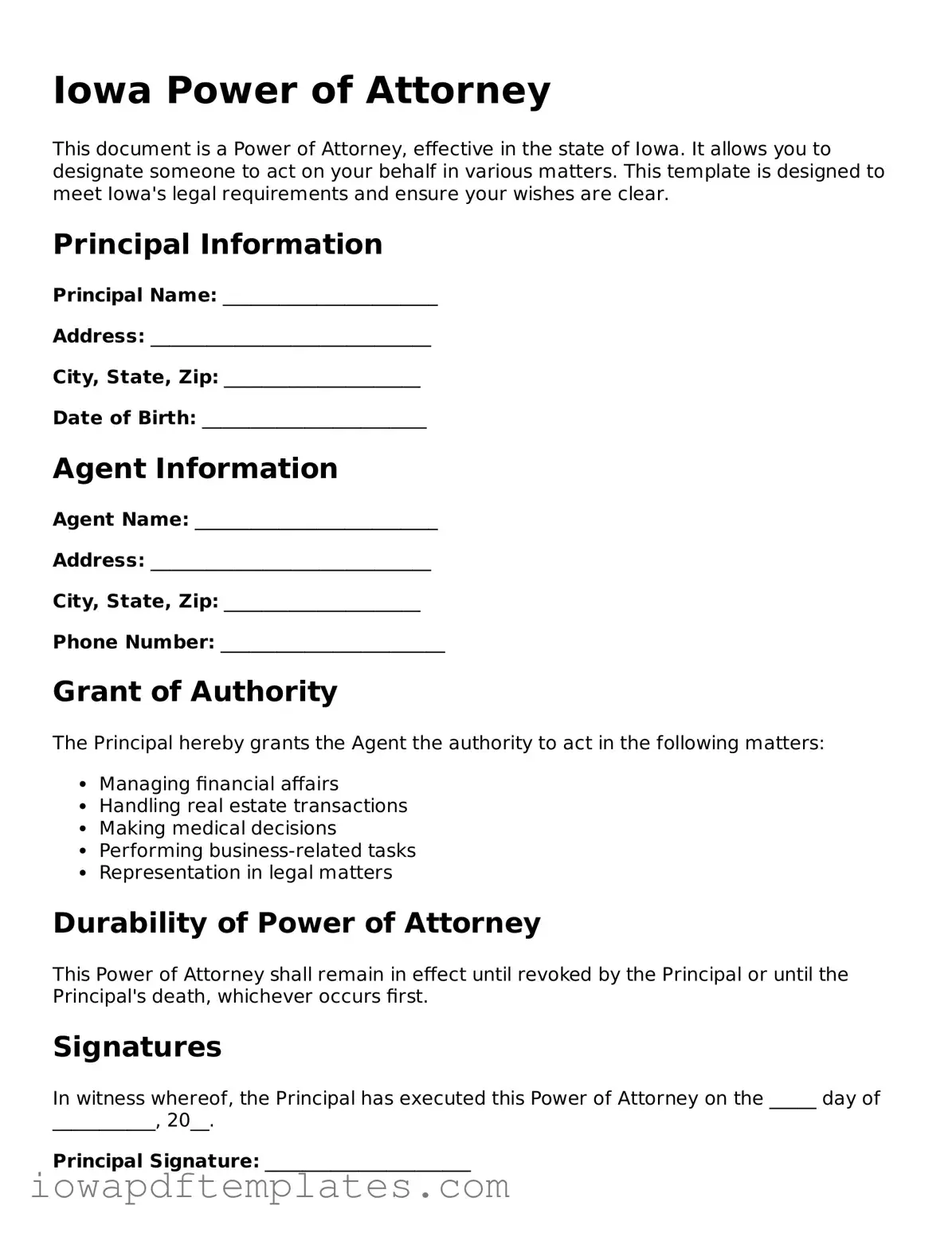 Printable Power of Attorney Document for Iowa State