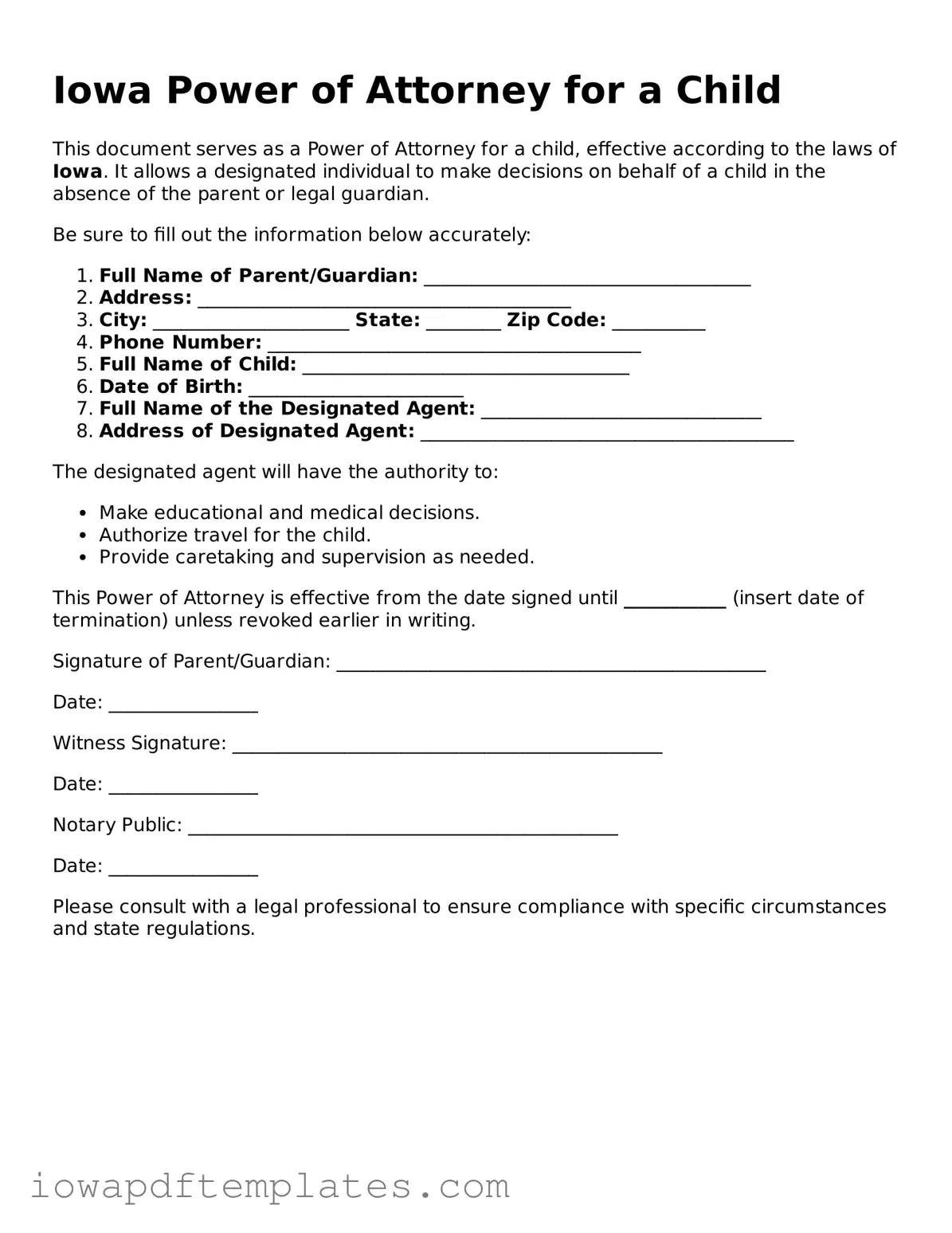 Printable Power of Attorney for a Child Document for Iowa State