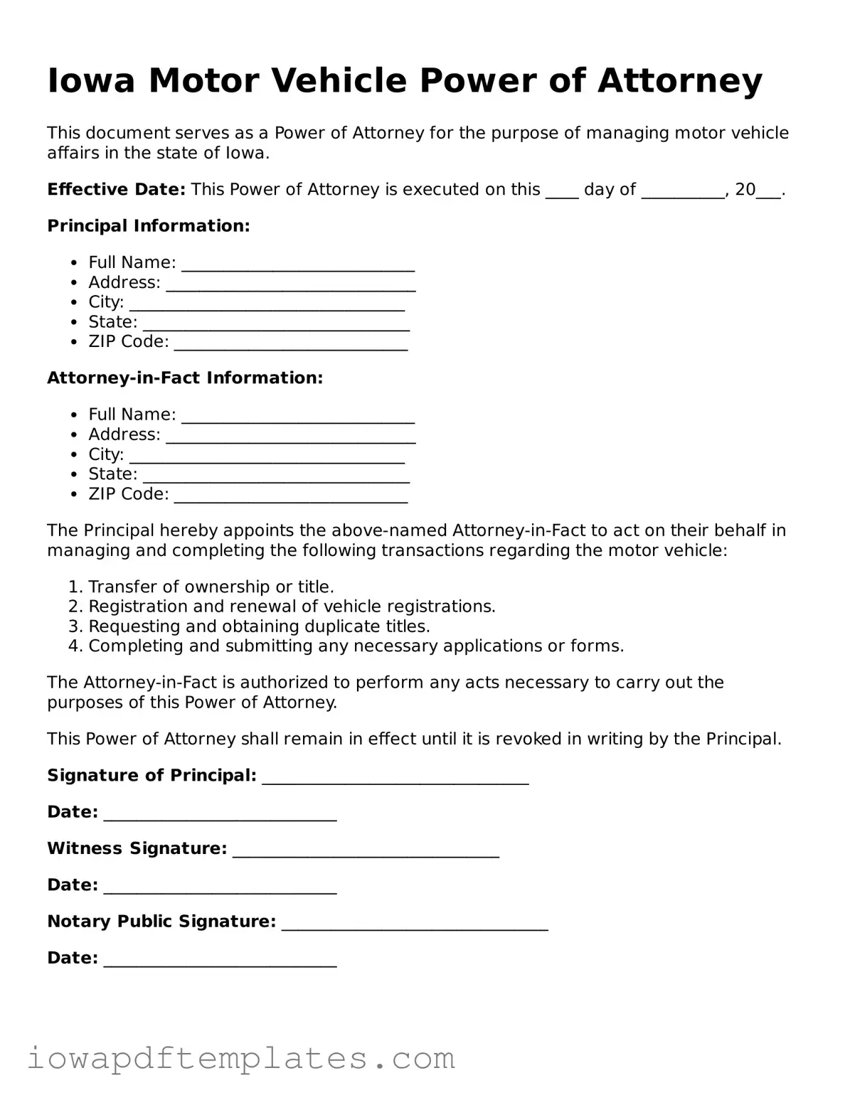 Printable Motor Vehicle Power of Attorney Document for Iowa State