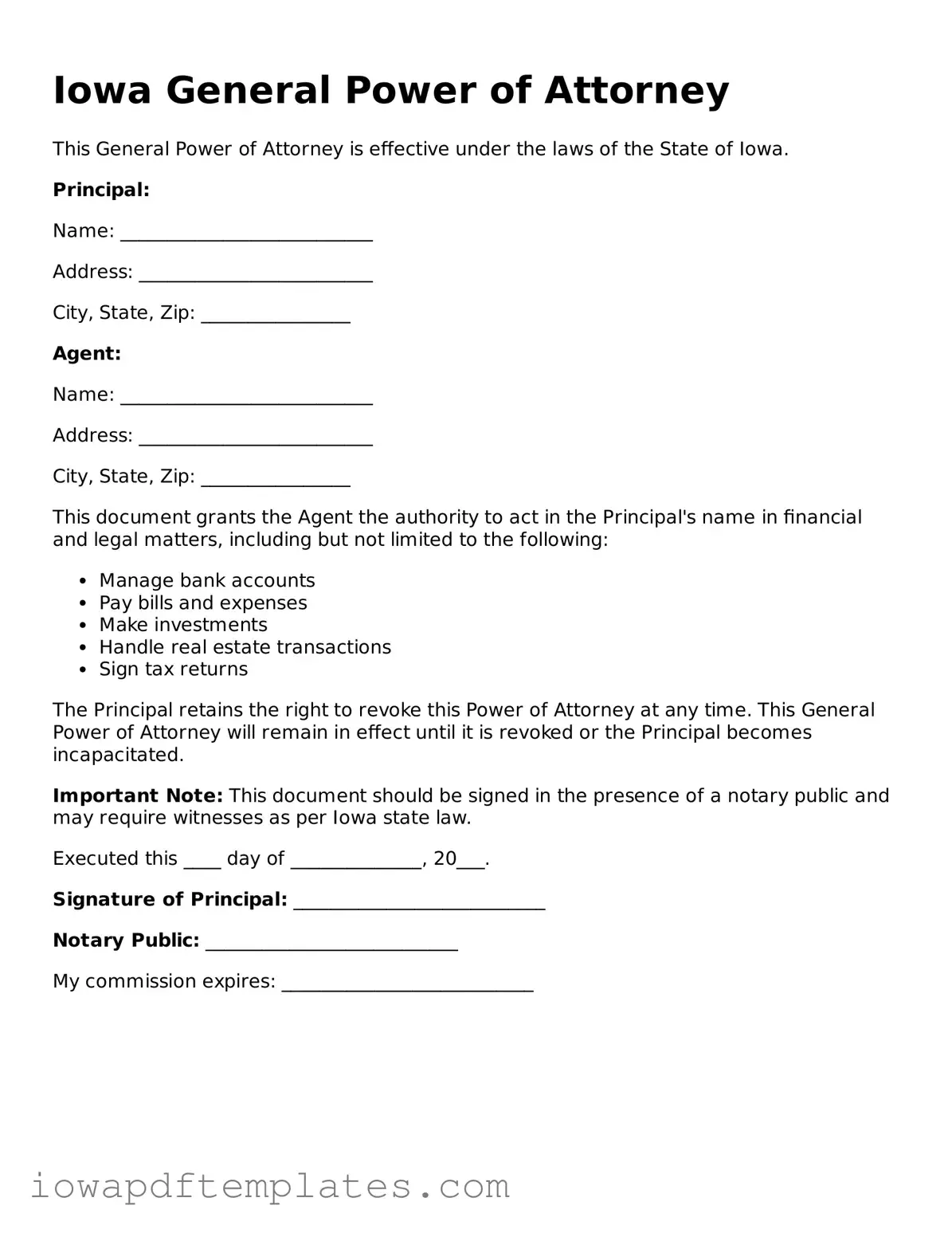 Printable General Power of Attorney Document for Iowa State