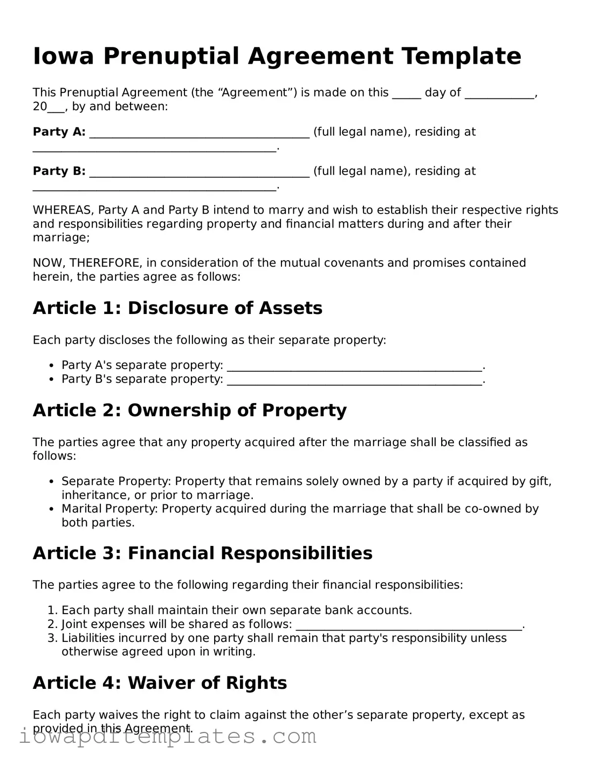 Printable Prenuptial Agreement Document for Iowa State
