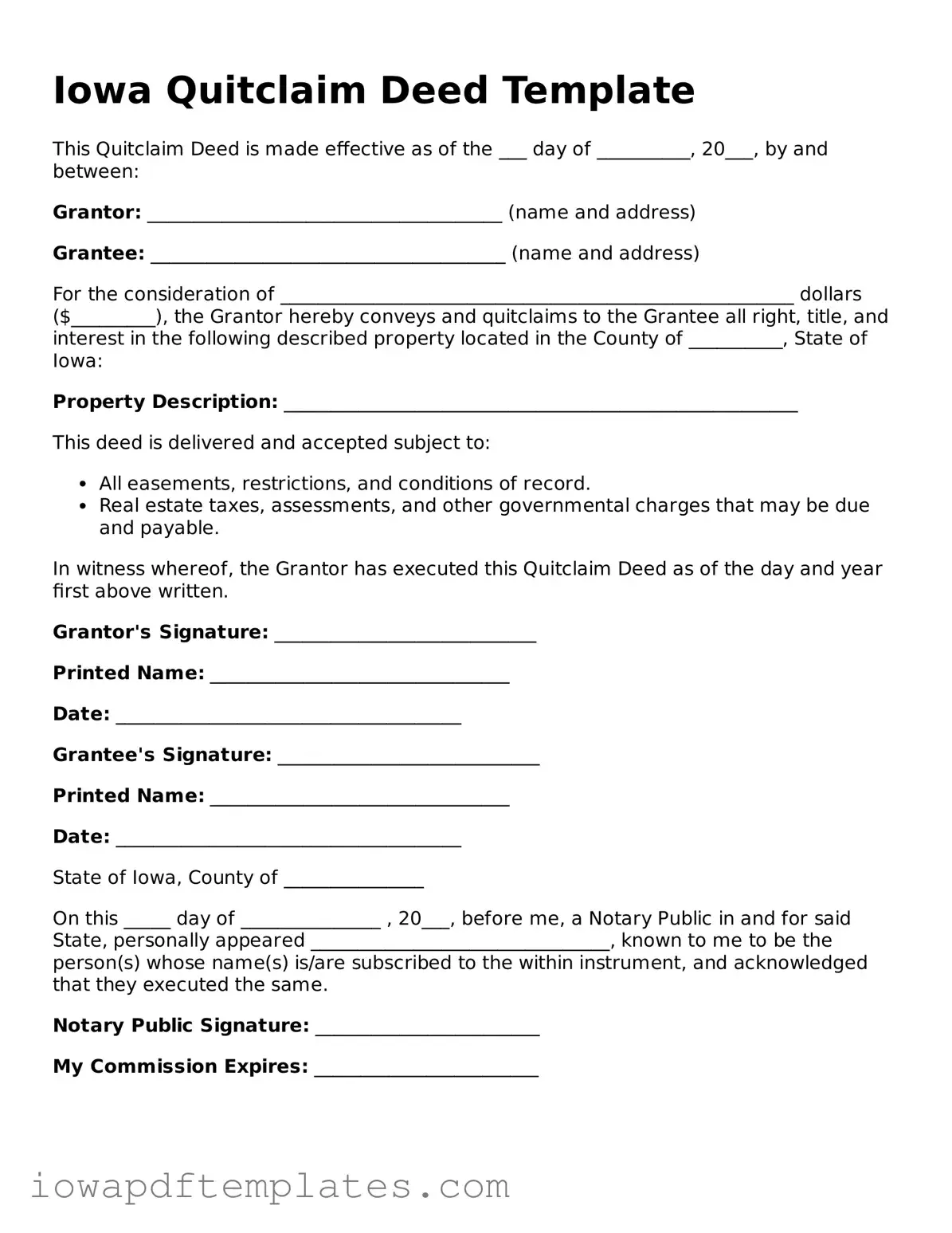 Printable Quitclaim Deed Document for Iowa State