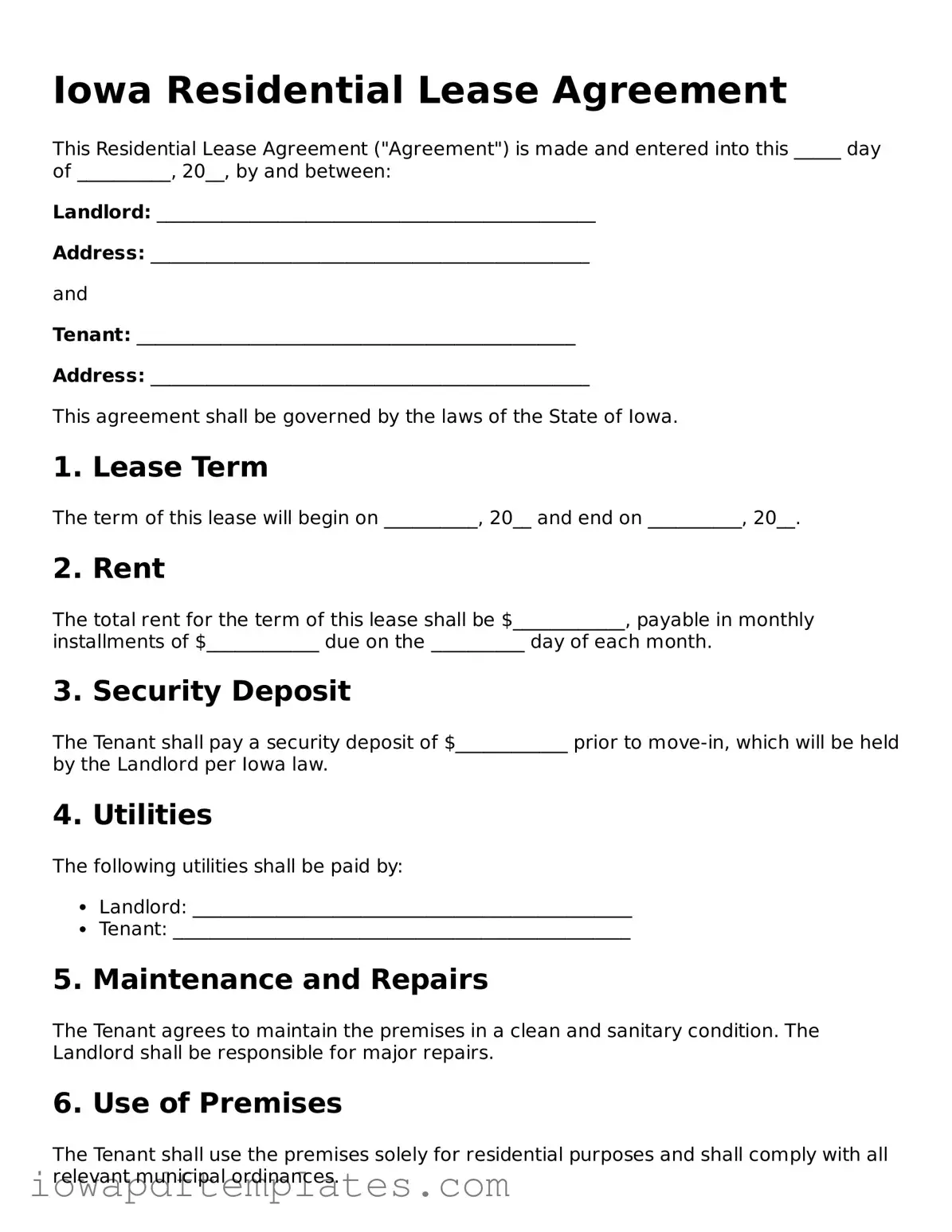 Printable Residential Lease Agreement Document for Iowa State
