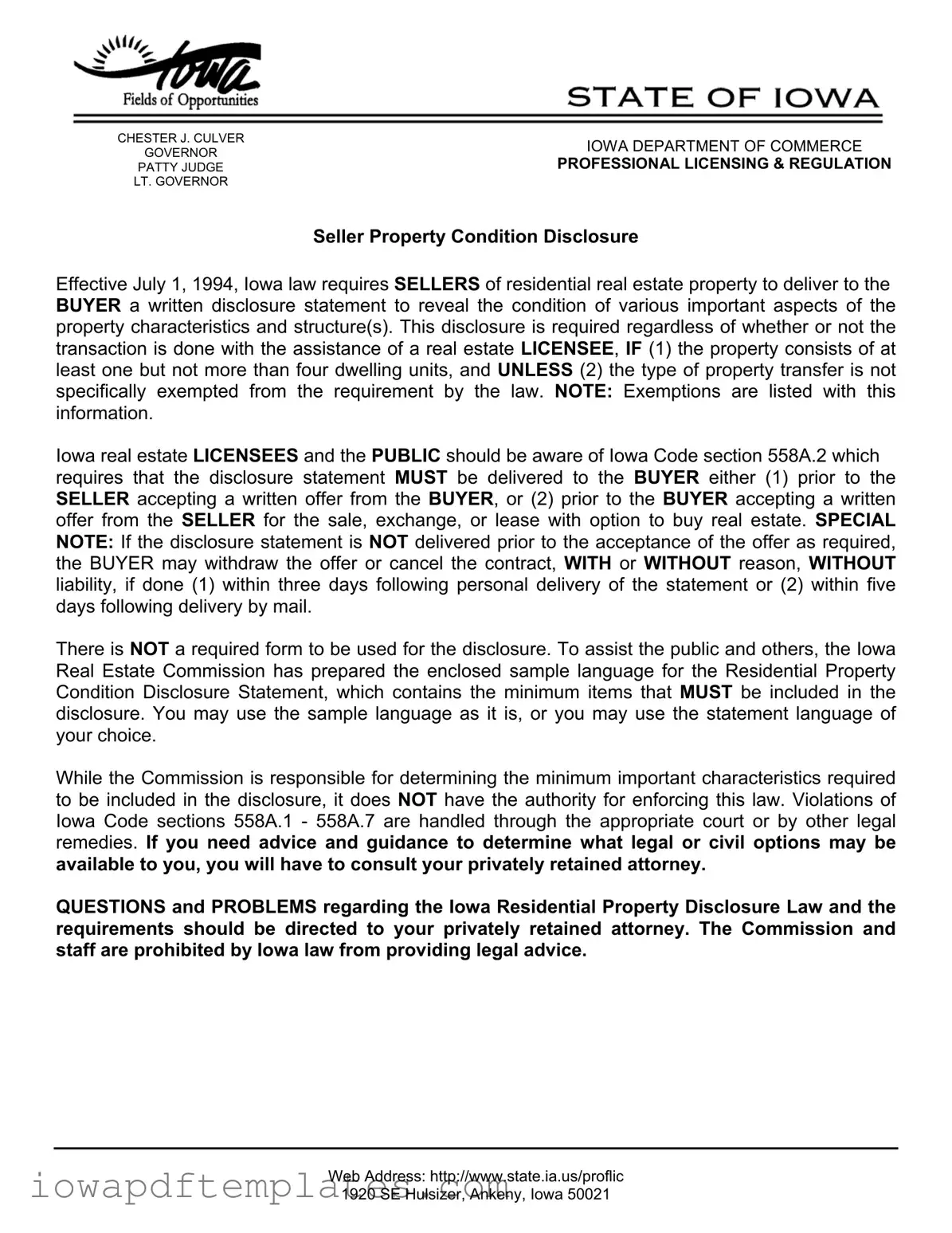 Free Iowa Seller Disclosure Template