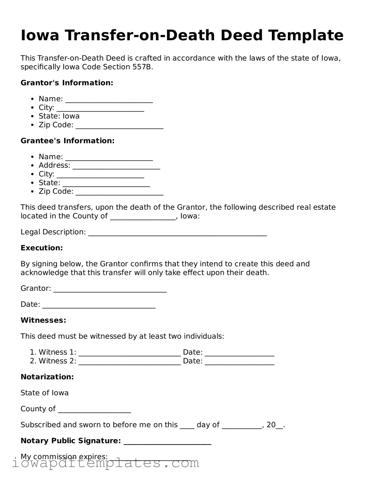 Printable Transfer-on-Death Deed Document for Iowa State