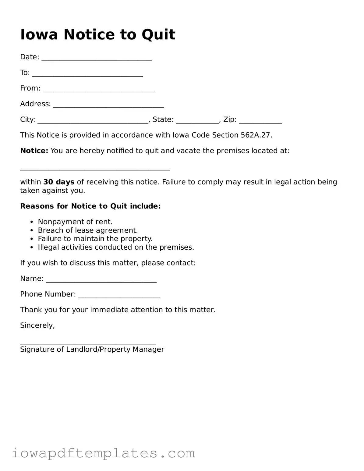 Printable Notice to Quit Document for Iowa State