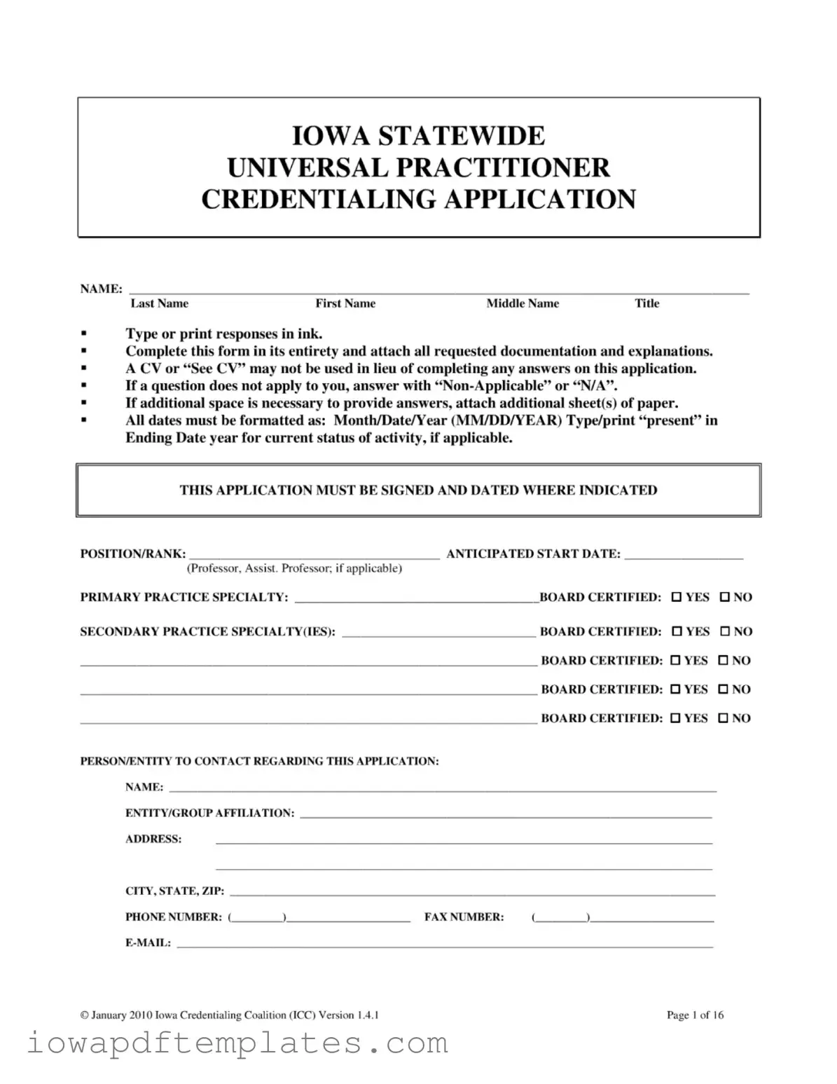 Free Iowa Universal Application Template