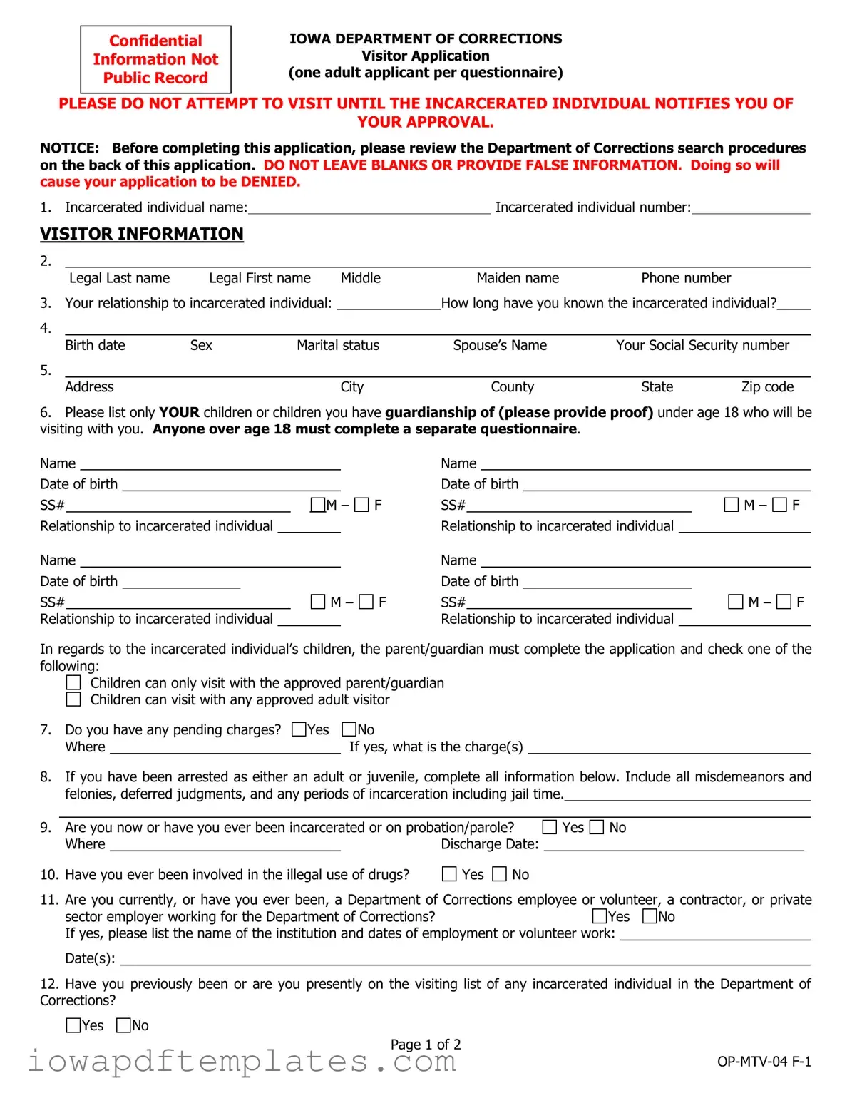 Free Iowa Visitor Application Template