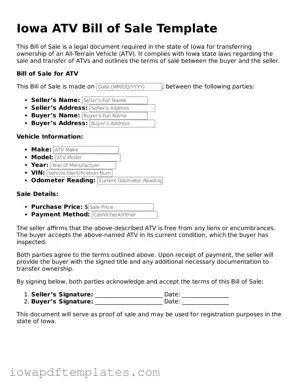 Printable ATV Bill of Sale Document for Iowa State