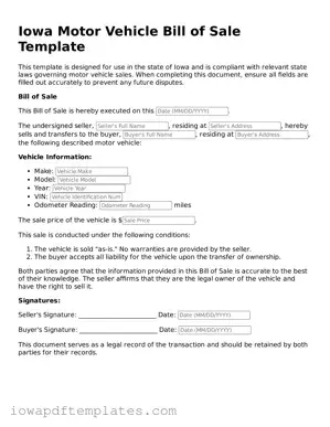 Printable Motor Vehicle Bill of Sale Document for Iowa State