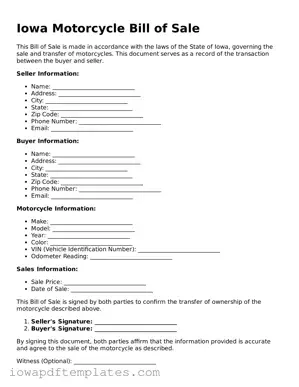 Printable Motorcycle Bill of Sale Document for Iowa State