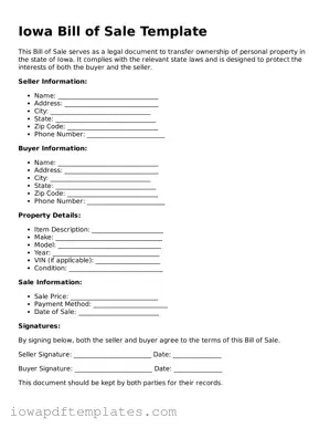Printable Bill of Sale Document for Iowa State