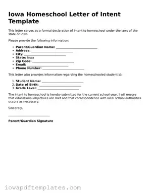 Printable Homeschool Letter of Intent Document for Iowa State