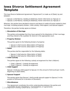 Printable Divorce Settlement Agreement Document for Iowa State