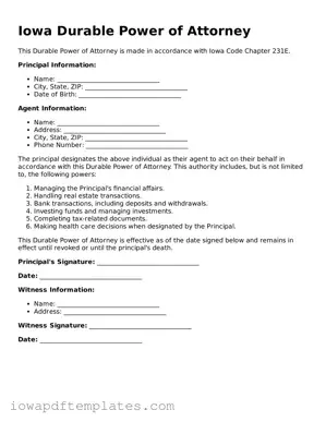 Printable Durable Power of Attorney Document for Iowa State