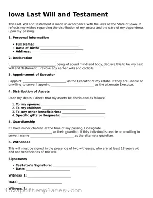 Printable Last Will and Testament Document for Iowa State
