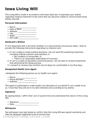 Printable Living Will Document for Iowa State